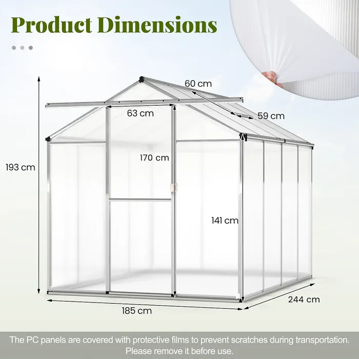 COSTWAY 8 x 6 ft Polycarbonate Greenhouse Outdoor Walk-in Green House w/ Rain Gutters