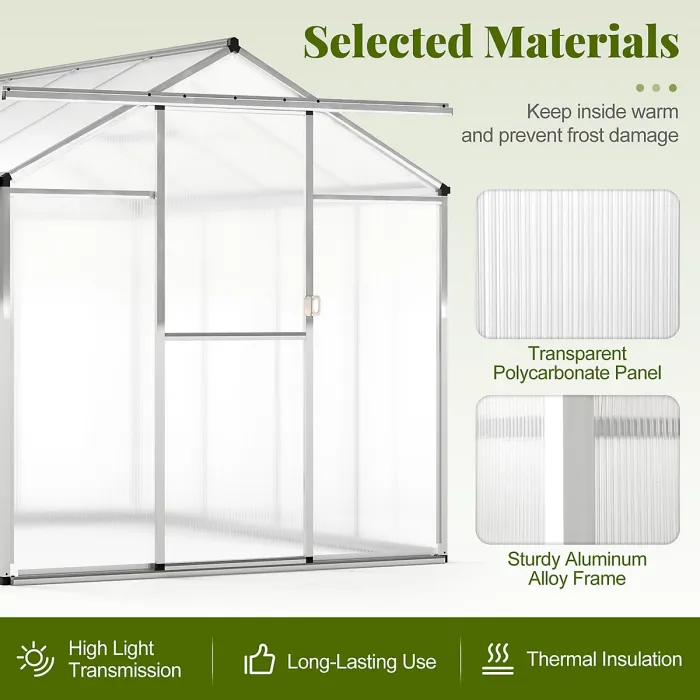COSTWAY 8 x 6 ft Polycarbonate Greenhouse Outdoor Walk-in Green House w/ Rain Gutters