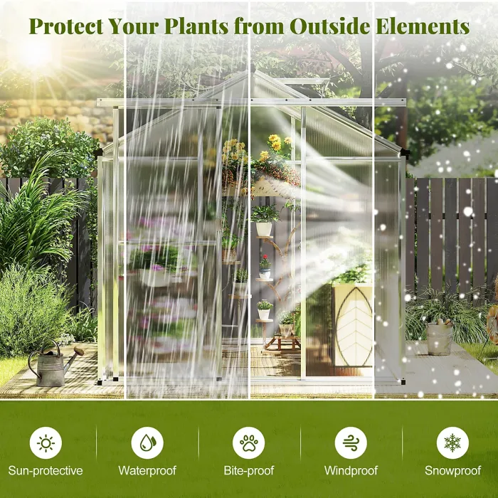 COSTWAY 8 x 6 ft Polycarbonate Greenhouse Outdoor Walk-in Green House w/ Rain Gutters