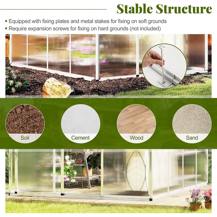 COSTWAY 8 x 6 ft Polycarbonate Greenhouse Outdoor Walk-in Green House w/ Rain Gutters