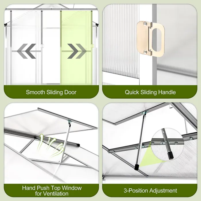 COSTWAY 8 x 6 ft Polycarbonate Greenhouse Outdoor Walk-in Green House w/ Rain Gutters