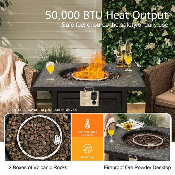 GAINOOM 50000BTU Square Firepit w/High-temp Resistant Tabletop Gas FirePit Table