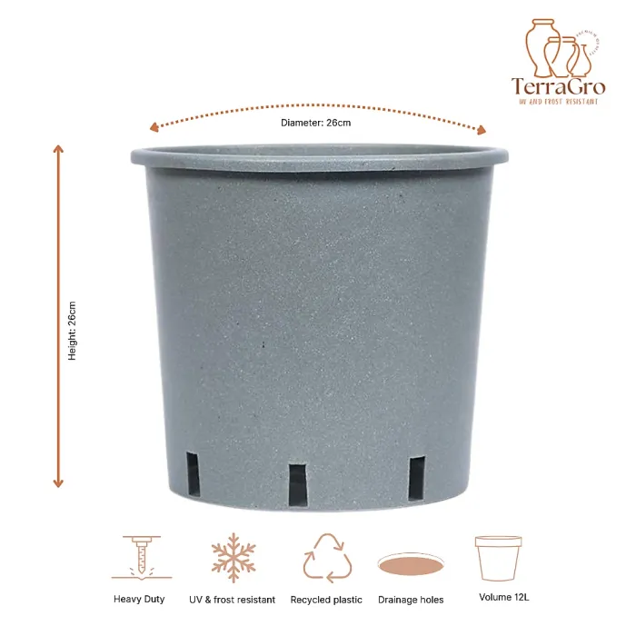 FHG Vivaio - Pack of 10, Grow Pot, Heavy Duty Round Pot, Small Grey Container With Drainage Holes, D26 H26cm, 12 Litres