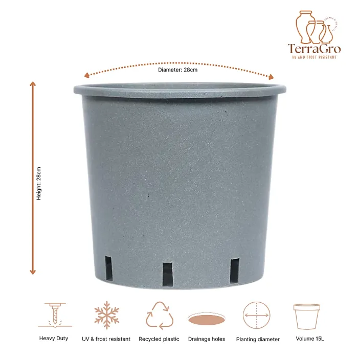 FHG Vivaio - Pack of 10, Grow Pot, Heavy Duty Round Pot, Small Grey Container With Drainage Holes, D28 H28cm, 15 Litres