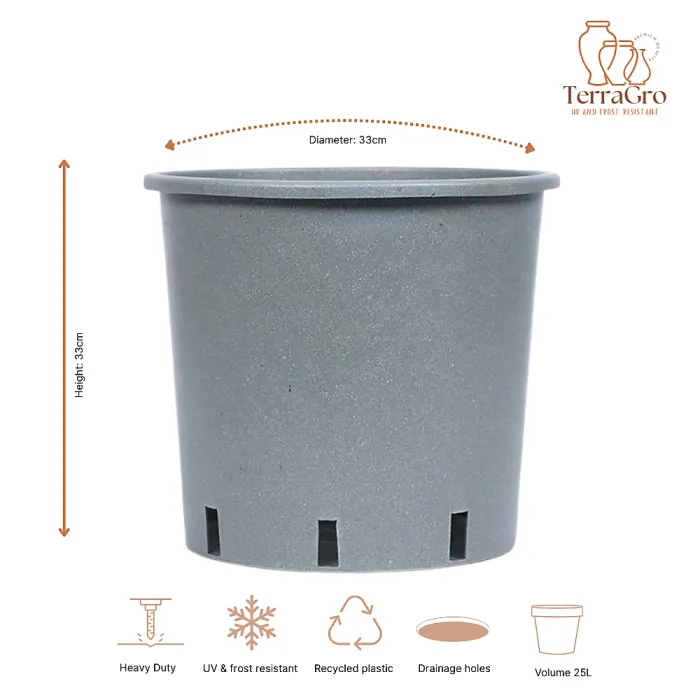FHG Vivaio - Pack of 10, Grow Pot, Heavy Duty Round Pot, Medium Size Grey Container With Drainage Holes, D33 H33cm, 25 Litres