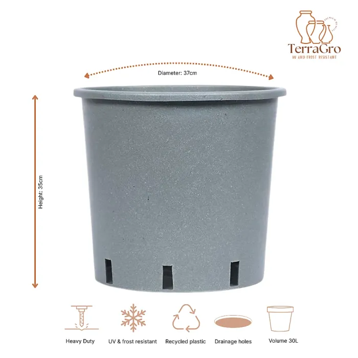 FHG Vivaio - Pack of 10, Grow Pot, Heavy Duty Round Pot, Medium Size Grey Container With Drainage Holes, D35 H37cm, 30 Litres