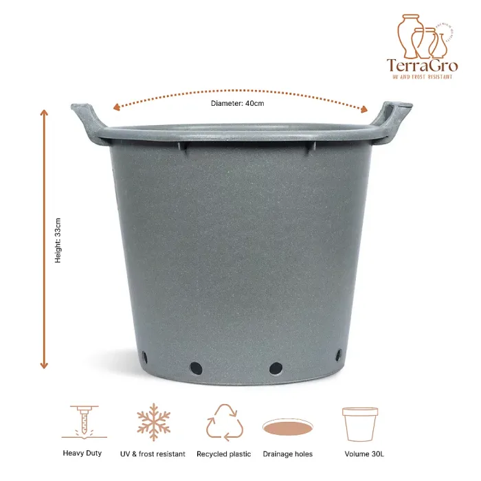 FHG Mastelli Stone Grey Round Plant Pot Container, Heavy Duty with Handles, Grower Pot, D40 H33cm, 30L