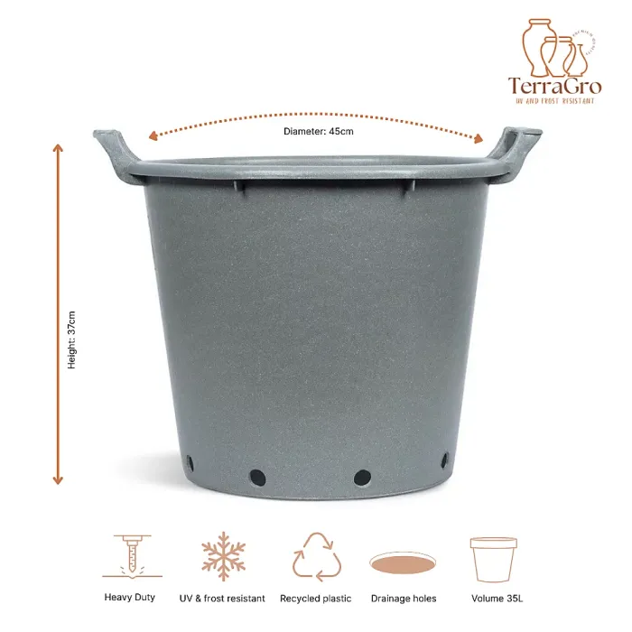 FHG Mastelli Stone Grey Round Plant Pot Container, Heavy Duty with Handles, Grower Pot, D45 H37cm, 35L