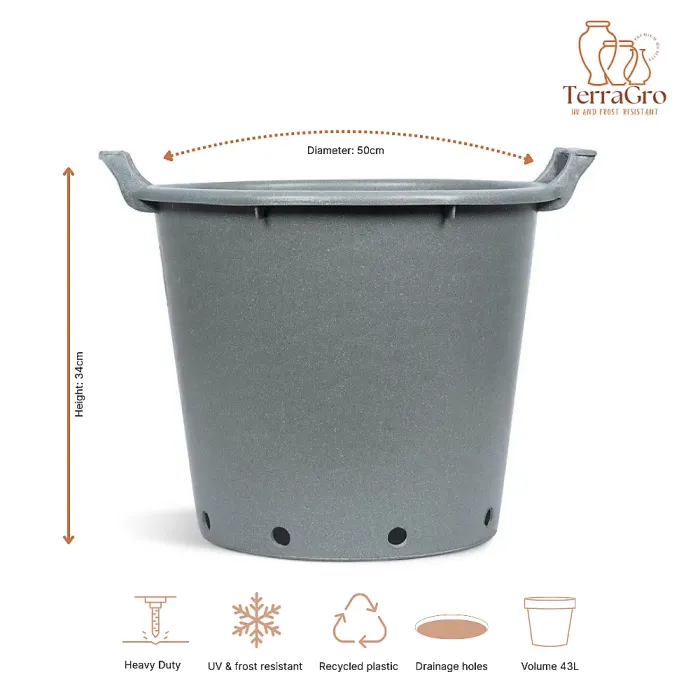 FHG Mastelli Stone Grey Round Plant Pot Container, Heavy Duty with Handles, Grower Pot, D50 H34cm, 43L