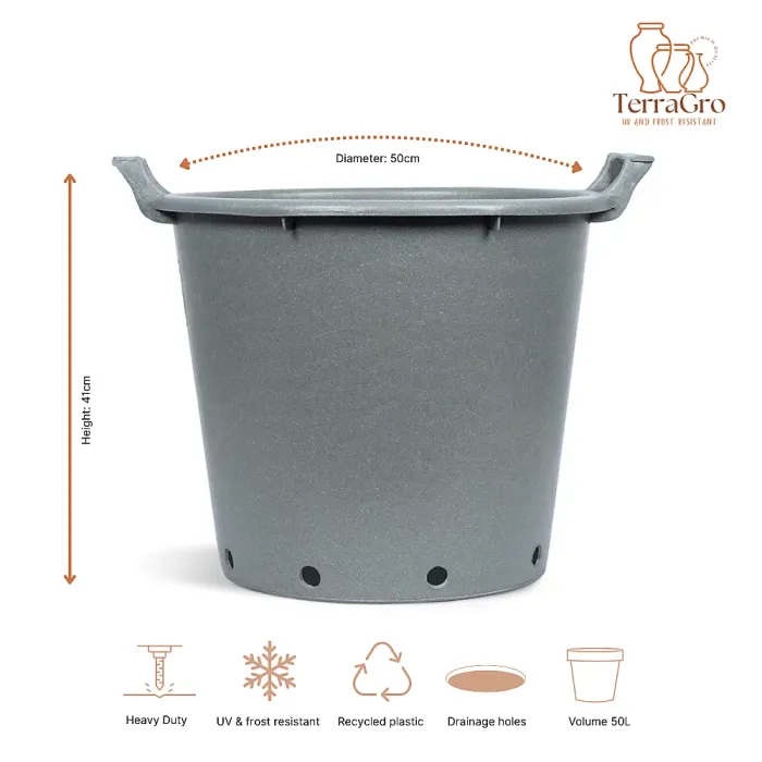 FHG Mastelli Stone Round Plant Pot Container, Heavy Duty with Handles, Grower Pot, D50 H41cm, 50L