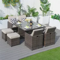 Abrihome 8 Seater Rattan Garden Furniture 9PC Dining Set Wicker Weave Table Chairs Outdoor Conservatory, Brown