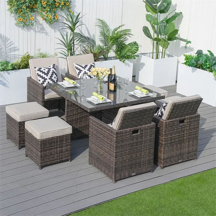 Abrihome 8 Seater Rattan Garden Furniture 9PC Dining Set Wicker Weave Table Chairs Outdoor Conservatory, Brown