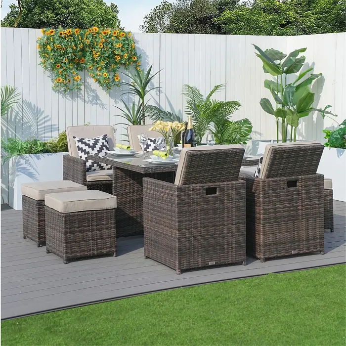 Abrihome 8 Seater Rattan Garden Furniture 9PC Dining Set Wicker Weave Table Chairs Outdoor Conservatory, Brown