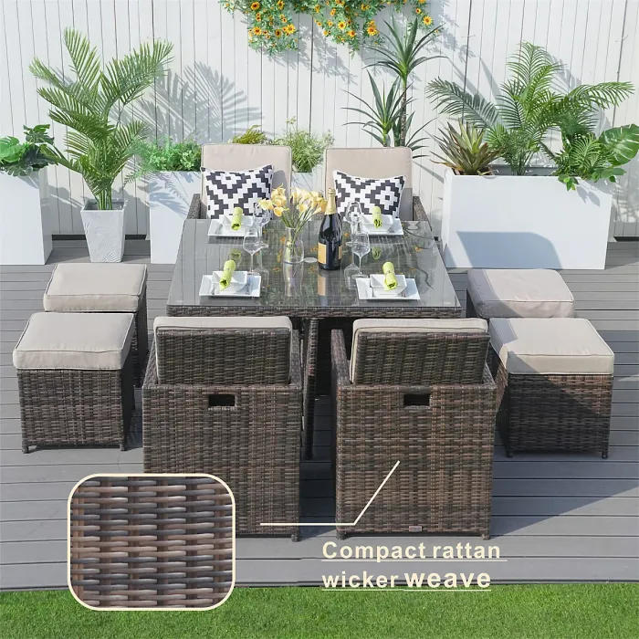 Abrihome 8 Seater Rattan Garden Furniture 9PC Dining Set Wicker Weave Table Chairs Outdoor Conservatory, Brown
