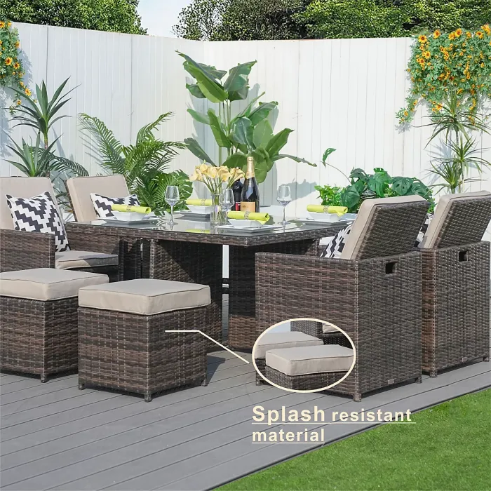 Abrihome 8 Seater Rattan Garden Furniture 9PC Dining Set Wicker Weave Table Chairs Outdoor Conservatory, Brown