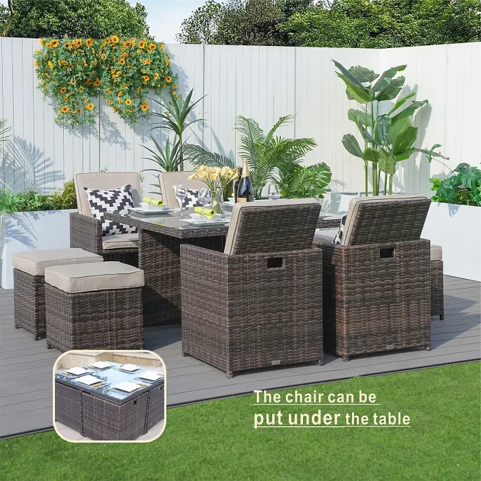 Abrihome 8 Seater Rattan Garden Furniture 9PC Dining Set Wicker Weave Table Chairs Outdoor Conservatory, Brown