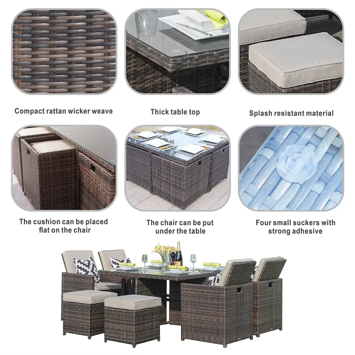 Abrihome 8 Seater Rattan Garden Furniture 9PC Dining Set Wicker Weave Table Chairs Outdoor Conservatory, Brown