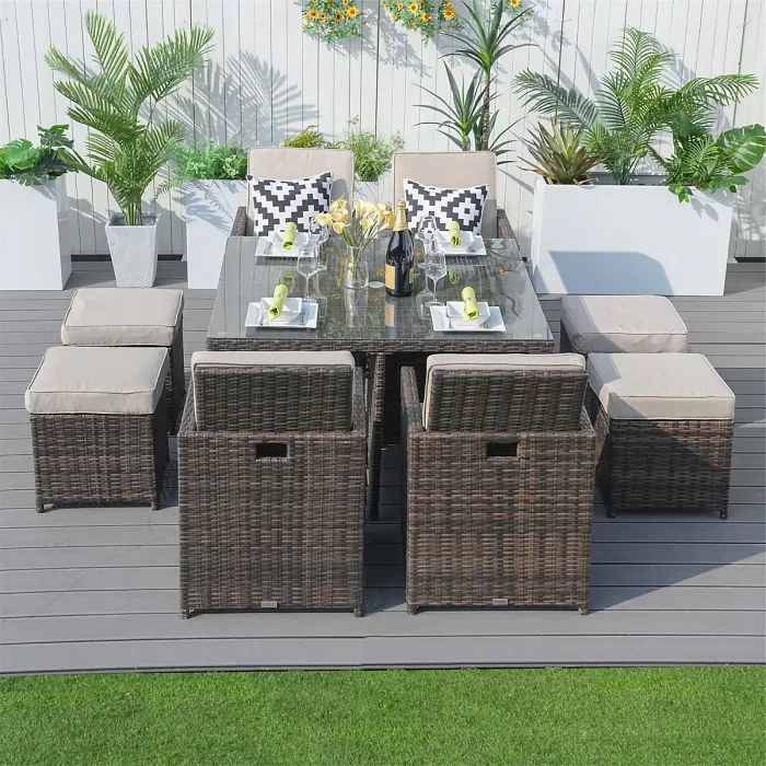 Abrihome 8 Seater Rattan Garden Furniture 9PC Dining Set Wicker Weave Table Chairs Outdoor Conservatory, Brown