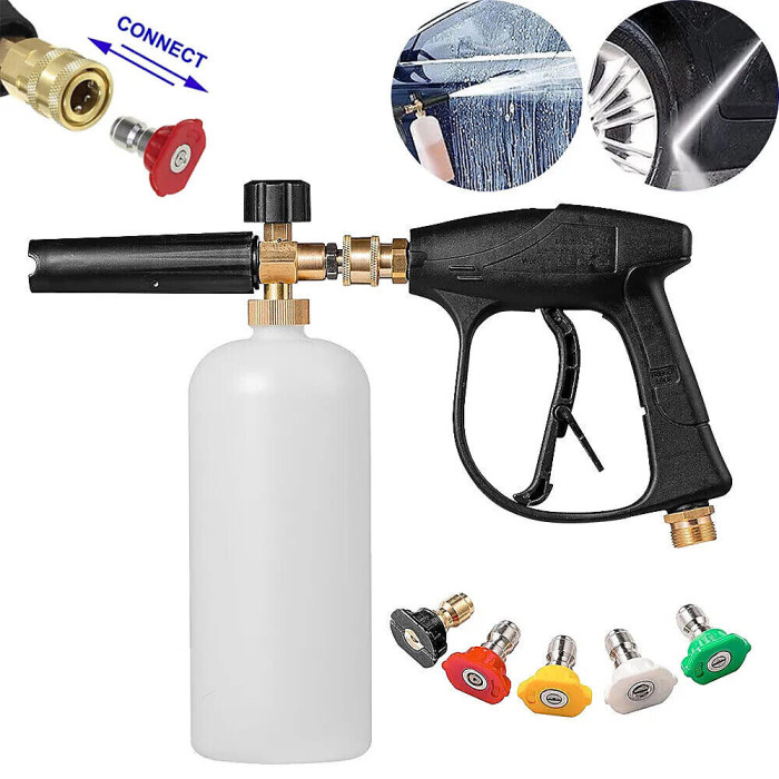 Pressure Washer Snow Foam Cannon Lance Gun 1/4" Quick Release Bottle + 5 Nozzles