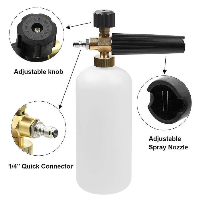 Pressure Washer Snow Foam Cannon Lance Gun 1/4" Quick Release Bottle + 5 Nozzles