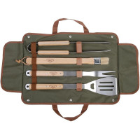 Esschert Barbecue Tool Kit, 5-Piece Stainless Steel BBQ Set with Wooden Handles And Canvas Roll Bag