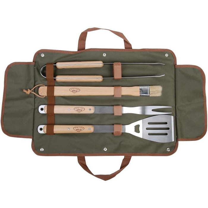 Esschert Barbecue Tool Kit, 5-Piece Stainless Steel BBQ Set with Wooden Handles And Canvas Roll Bag