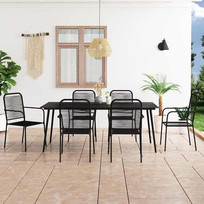 7 Piece Garden Outdoor Dining Set Suitable for Backyard, Patio Cotton Rope and Steel Black