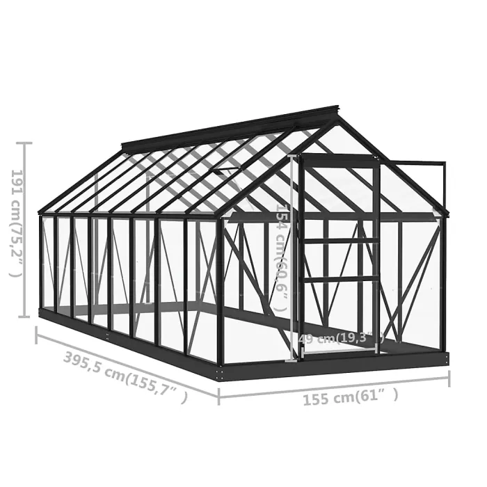 Anthracite Glass Greenhouse 155x395.5x191 cm Aluminium Plant House