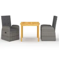 3 Piece Garden Outdoor Dining Set Suitable for Backyard, Patio with Cushions Grey Poly Rattan