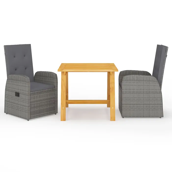 3 Piece Garden Outdoor Dining Set Suitable for Backyard, Patio with Cushions Grey Poly Rattan