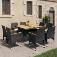 9 Piece Garden Outdoor Dining Set Suitable for Backyard, Patio Poly Rattan and Solid Wood Black