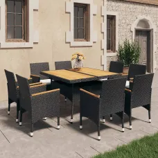 9 Piece Garden Outdoor Dining Set Suitable for Backyard, Patio Poly Rattan and Solid Wood Black