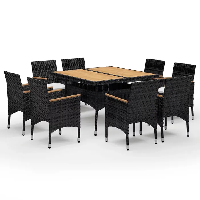 9 Piece Garden Outdoor Dining Set Suitable for Backyard, Patio Poly Rattan and Solid Wood Black