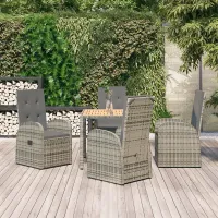 5 Piece Garden Outdoor Dining Set Suitable for Backyard, Patio Grey Poly Rattan&Solid Wood Acacia