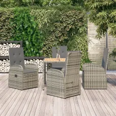 5 Piece Garden Outdoor Dining Set Suitable for Backyard, Patio Grey Poly Rattan&Solid Wood Acacia