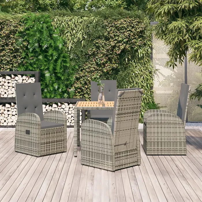 5 Piece Garden Outdoor Dining Set Suitable for Backyard, Patio Grey Poly Rattan&Solid Wood Acacia
