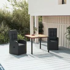 3 Piece Garden Outdoor Dining Set Suitable for Backyard, Patio Black Poly Rattan&Solid Wood Acacia