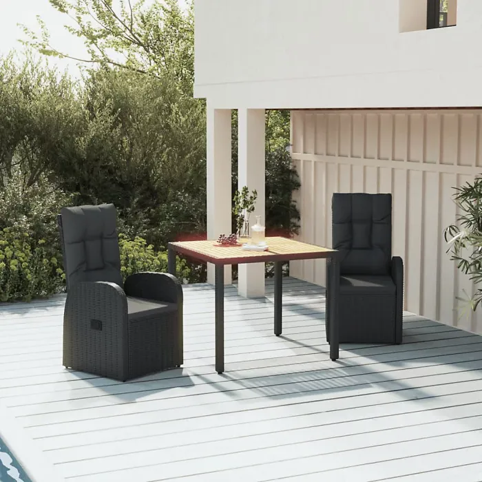 3 Piece Garden Outdoor Dining Set Suitable for Backyard, Patio Black Poly Rattan&Solid Wood Acacia