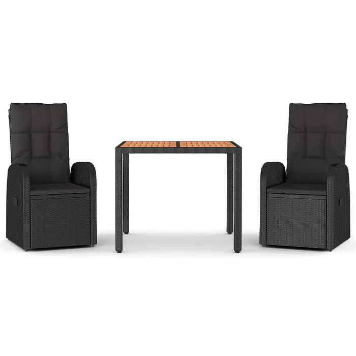 3 Piece Garden Outdoor Dining Set Suitable for Backyard, Patio Black Poly Rattan&Solid Wood Acacia