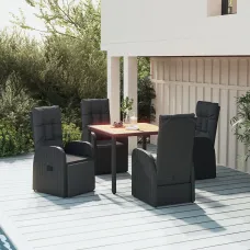 5 Piece Garden Outdoor Dining Set Suitable for Backyard, Patio Black Poly Rattan&Solid Wood Acacia