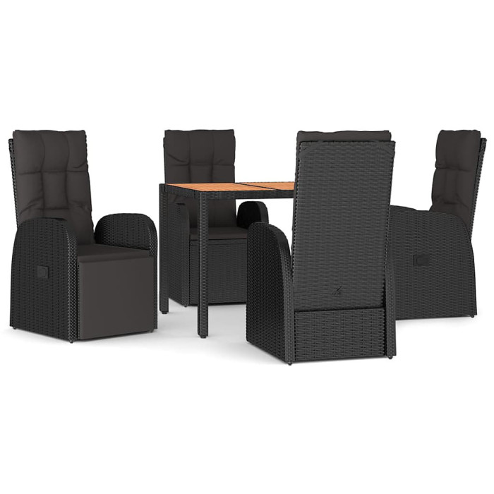 5 Piece Garden Outdoor Dining Set Suitable for Backyard, Patio Black Poly Rattan&Solid Wood Acacia