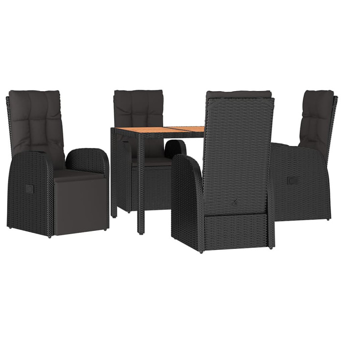 5 Piece Garden Outdoor Dining Set Suitable for Backyard, Patio Black Poly Rattan&Solid Wood Acacia
