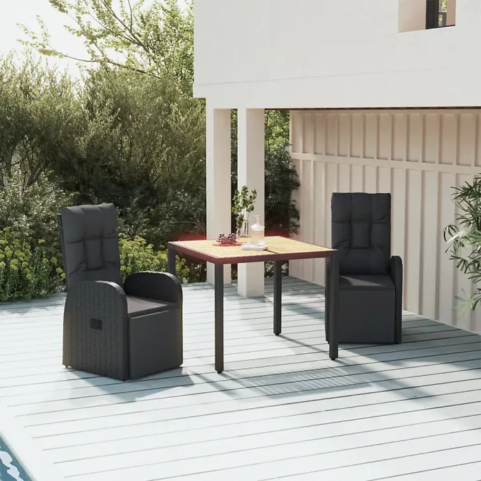 3 Piece Garden Outdoor Dining Set Suitable for Backyard, Patio Black Poly Rattan&Solid Wood Acacia