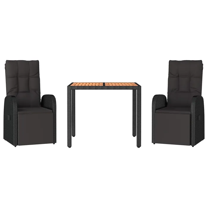 3 Piece Garden Outdoor Dining Set Suitable for Backyard, Patio Black Poly Rattan&Solid Wood Acacia