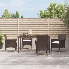 5 Piece Garden Outdoor Dining Set Suitable for Backyard, Patio with Cushions Brown Poly Rattan