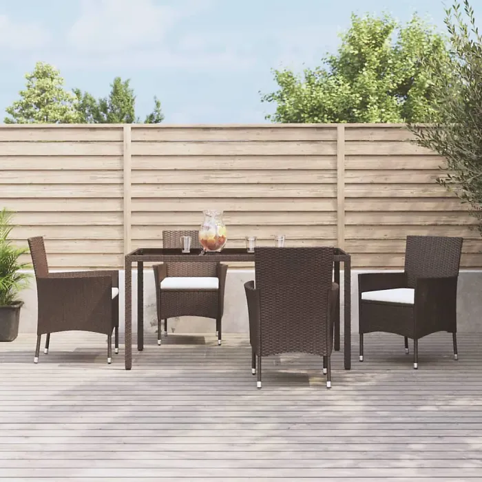 5 Piece Garden Outdoor Dining Set Suitable for Backyard, Patio with Cushions Brown Poly Rattan