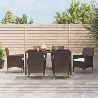 7 Piece Garden Outdoor Dining Set Suitable for Backyard, Patio with Cushions Brown Poly Rattan