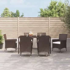 7 Piece Garden Outdoor Dining Set Suitable for Backyard, Patio with Cushions Brown Poly Rattan