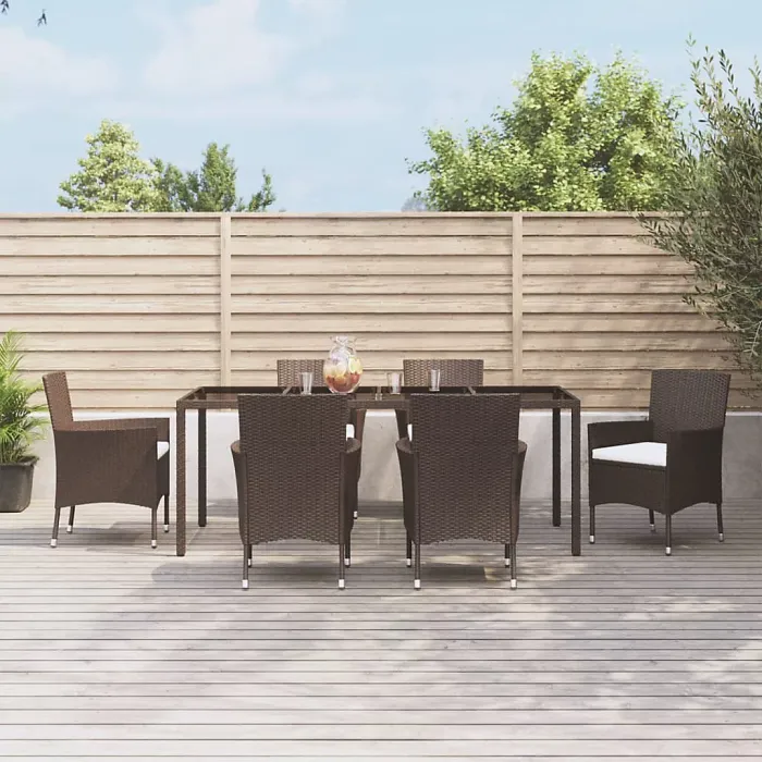 7 Piece Garden Outdoor Dining Set Suitable for Backyard, Patio with Cushions Brown Poly Rattan