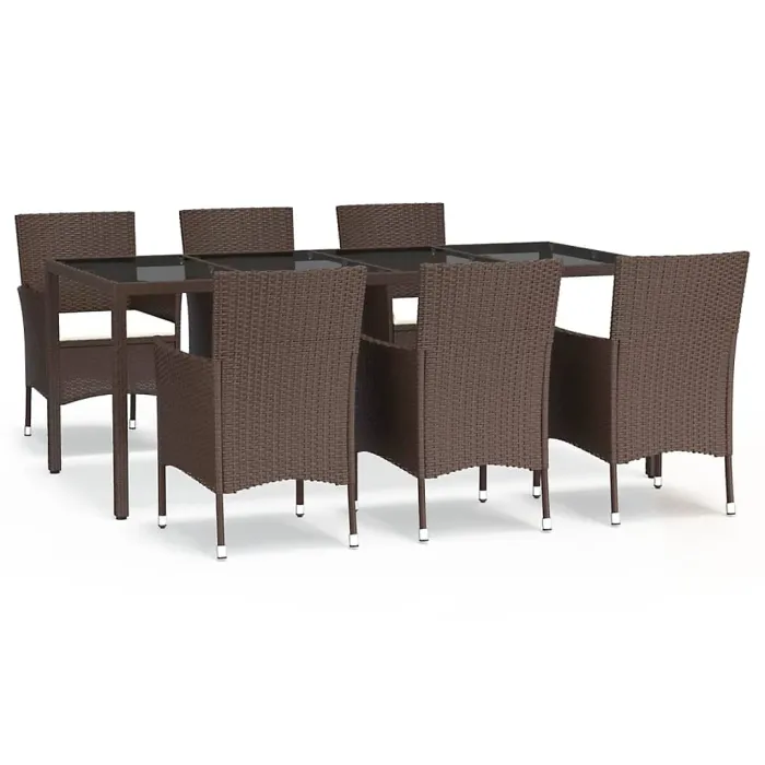 7 Piece Garden Outdoor Dining Set Suitable for Backyard, Patio with Cushions Brown Poly Rattan
